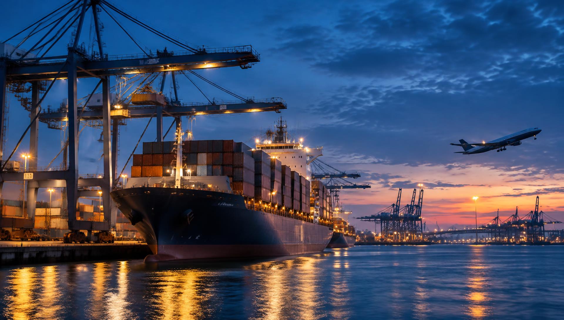 Container ship at a port with cranes and a cargo aircraft taking off at dusk
